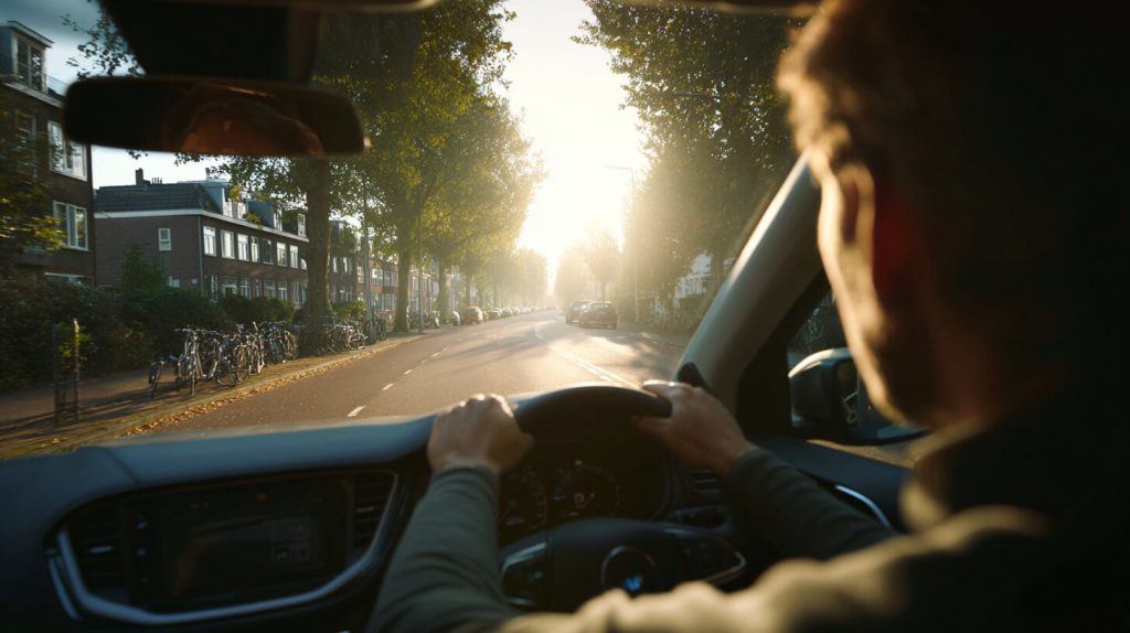 Beginnende bestuurder rijdt zelfstandig door een woonwijk en bouwt vertrouwen op in het verkeer.