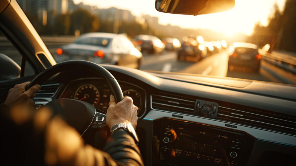 Bestuurder op de snelweg met rijhulpsystemen die ondersteuning bieden tijdens lange ritten en druk verkeer