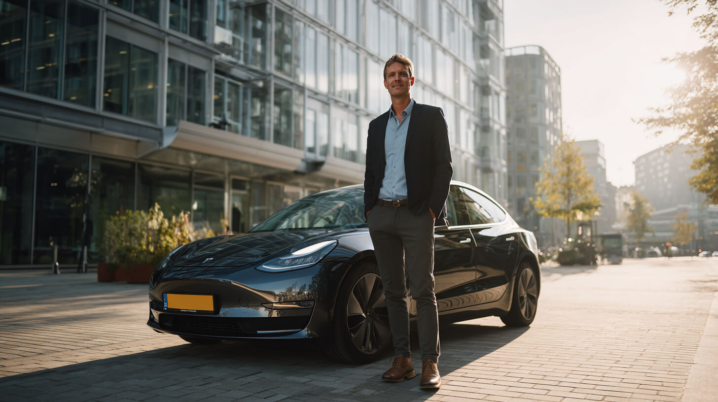 Zakelijke rijder bij moderne auto met rijhulpsystemen voor comfortabel en ontspannen rijden dagelijks