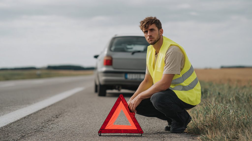 Man in veiligheidsvest plaatst gevarendriehoek op de weg naast een auto met pech op de vluchtstrook