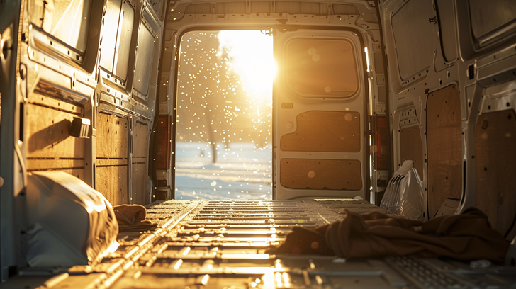 Ruime en lege laadruimte van een gehuurde bestelbus klaar voor het inladen van meubels tijdens een verhuizing.