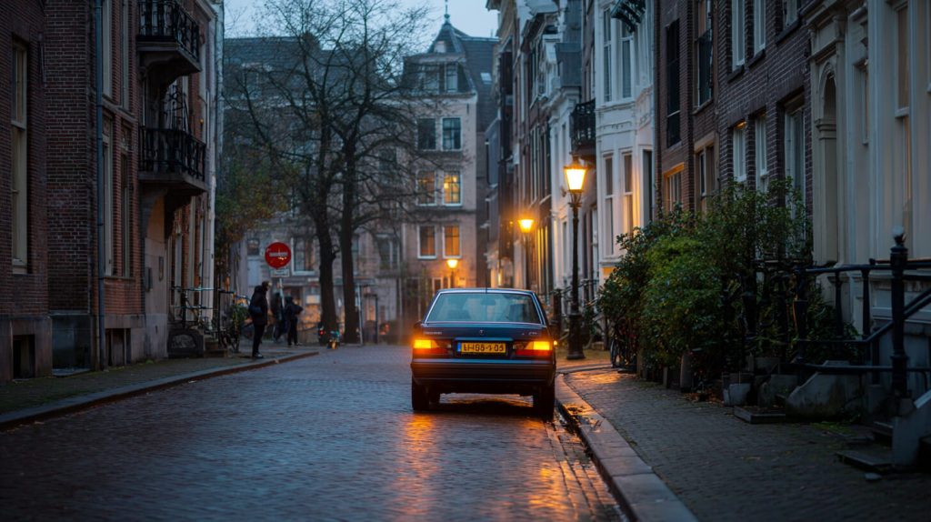 Auto met pechlichten aan geparkeerd in een verlichte binnenstadstraat in de avondschemering
