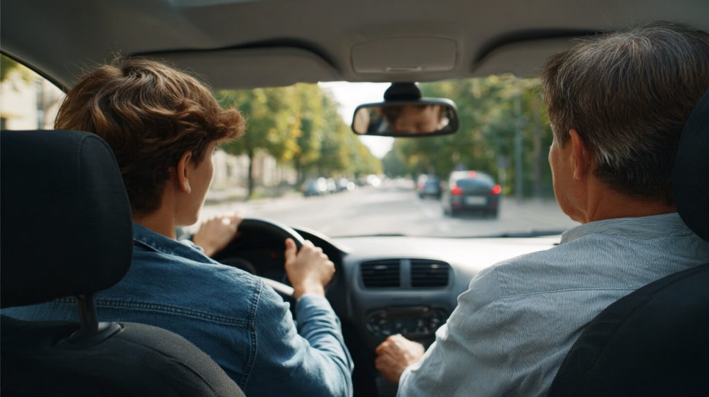 Jonge bestuurder achter het stuur tijdens een rijles, met een instructeur die vanaf de passagiersstoel het verkeer in de gaten houdt