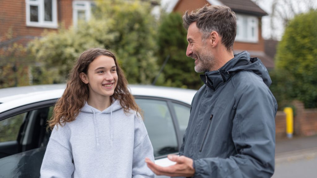 Rijinstructeur en leerling in gesprek naast de lesauto, kort voor de start van een rijles