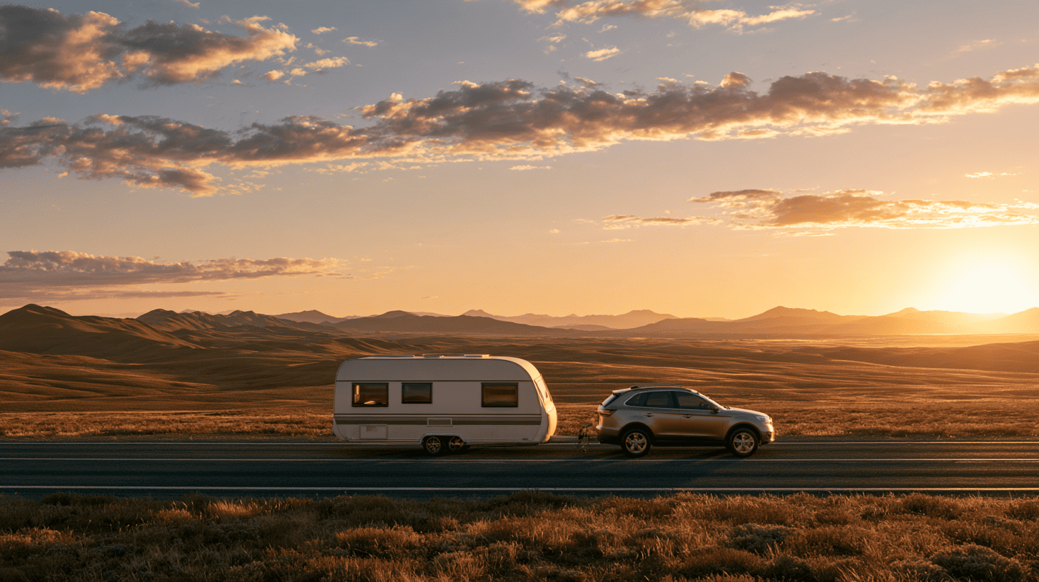 SUV met een witte caravan erachter op een landweg bij zonsondergang