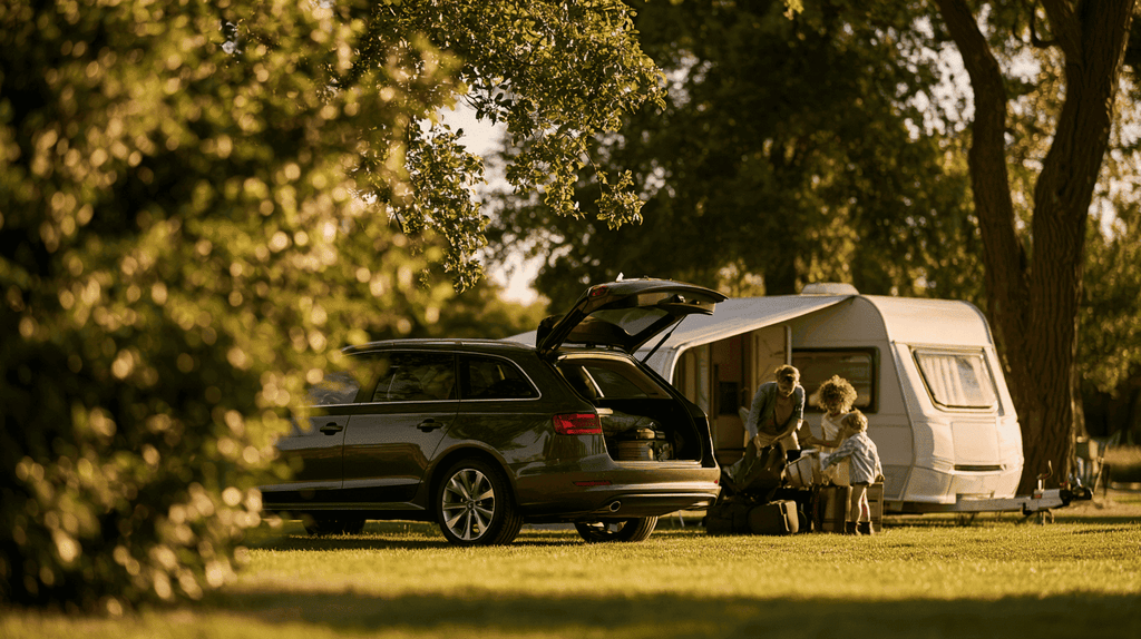 Stationwagen met trekhaak naast een kleine caravan op een camping